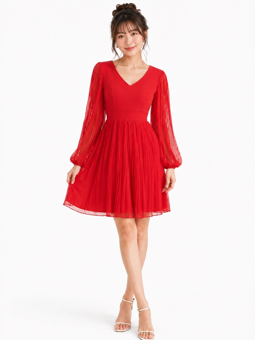 Japna Dress Red Sheer Mini Size S Long Sleeve Pleated